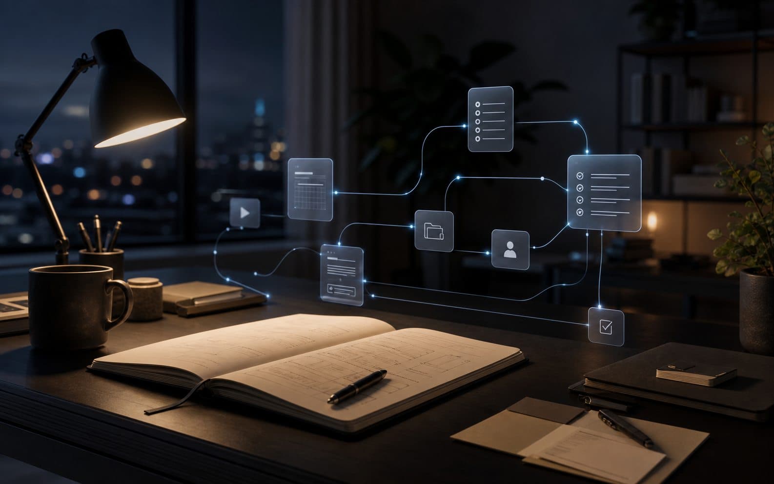 Espace de travail nocturne avec des flux lumineux représentant une automatisation discrète et utile.